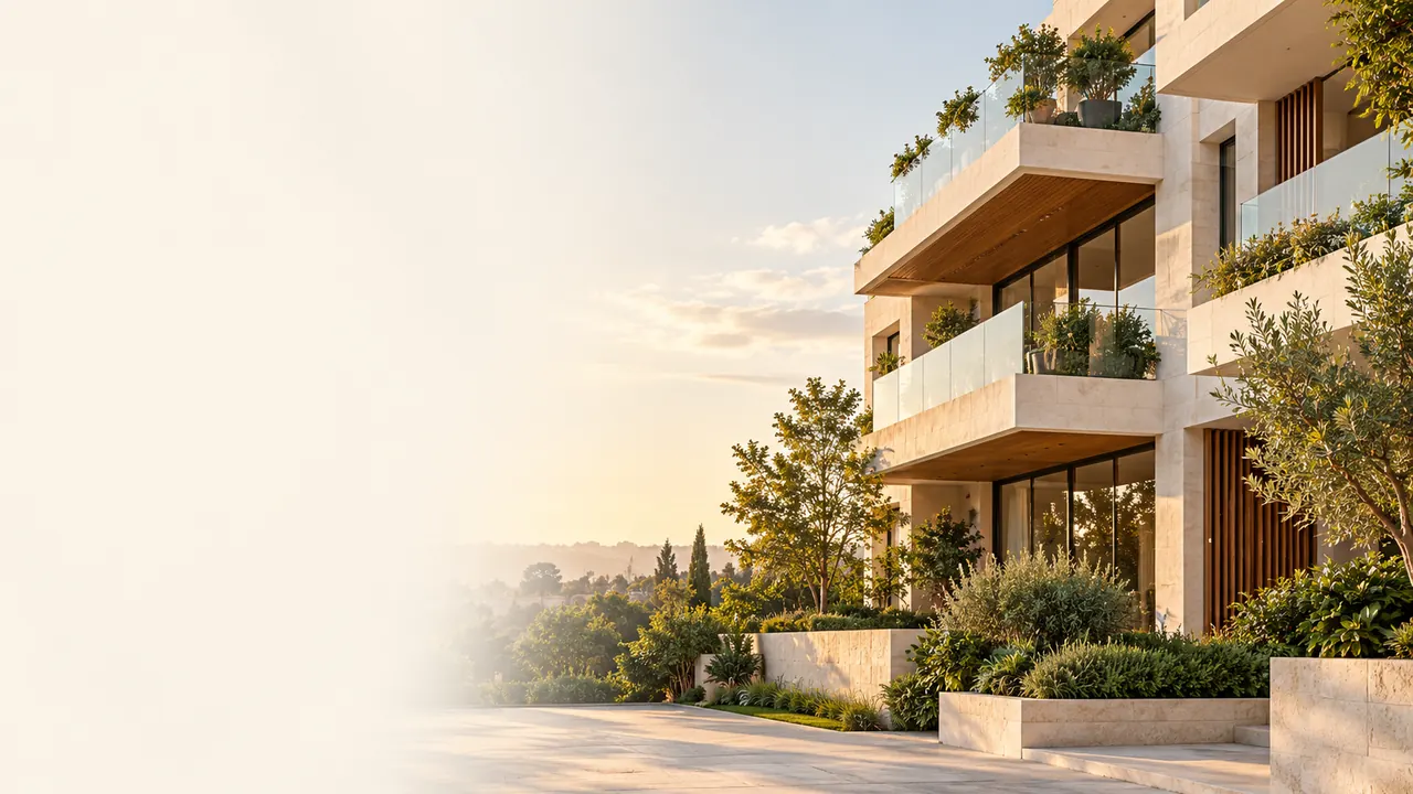 Edificio residencial moderno con balcones de vidrio y jardines al atardecer (imagen ilustrativa)